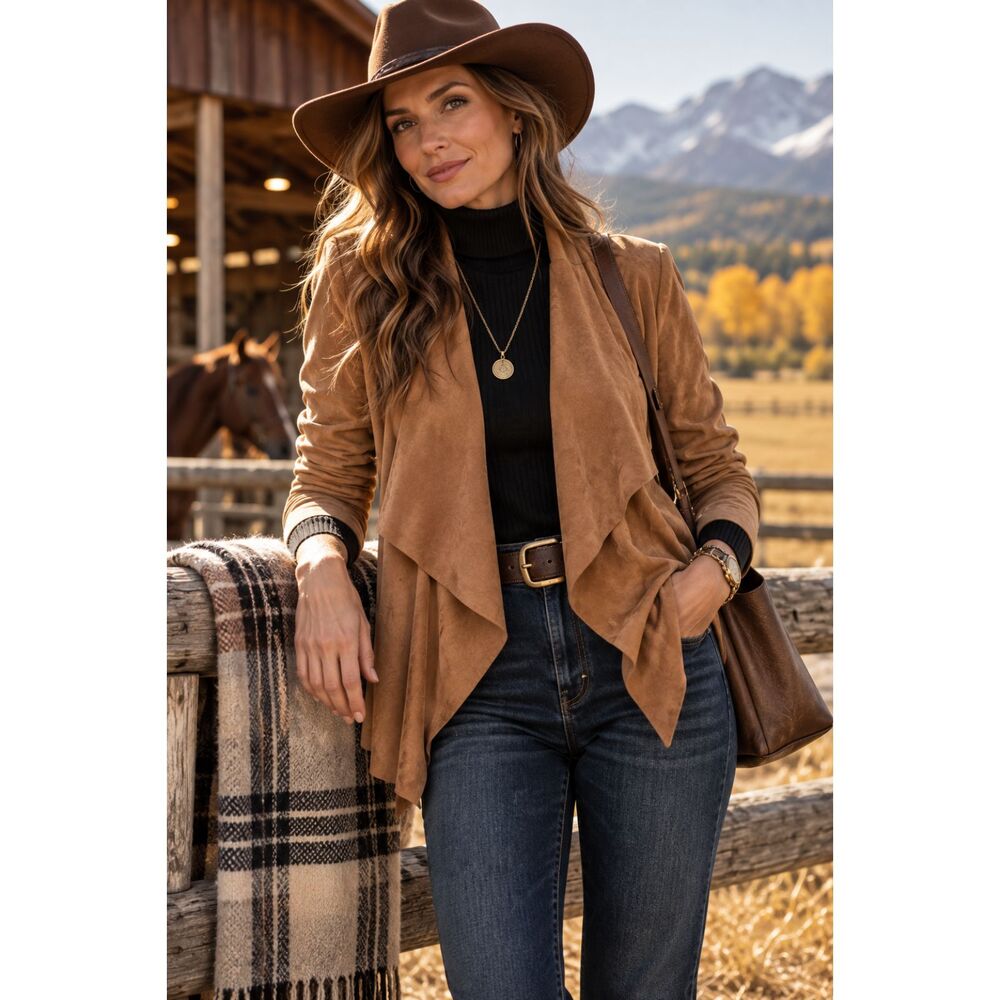 BB Dakota Womens M Camel Faux Suede Drape Front Jacket Open Front NWT